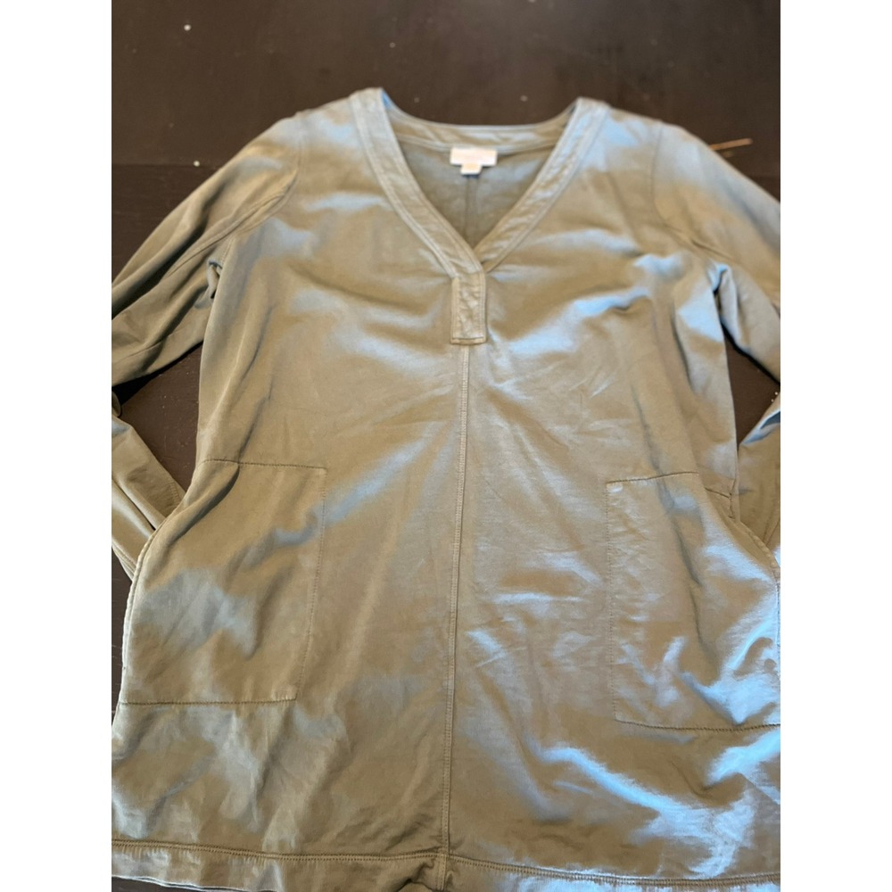 J Jill Fit Tunic Top Olive Green V Neck Long Sleeve Pockets‎ Casual